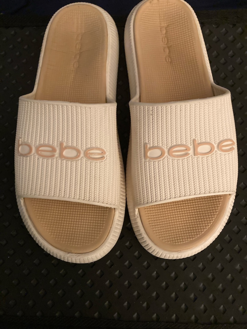 bebe Beige Slide Sandals with Logo Accent
